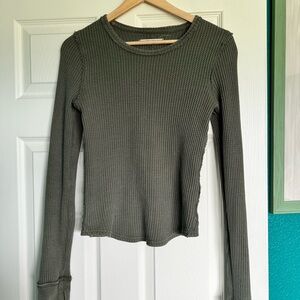 We The Free Green Ribbed Fitted Long Sleeve Tee